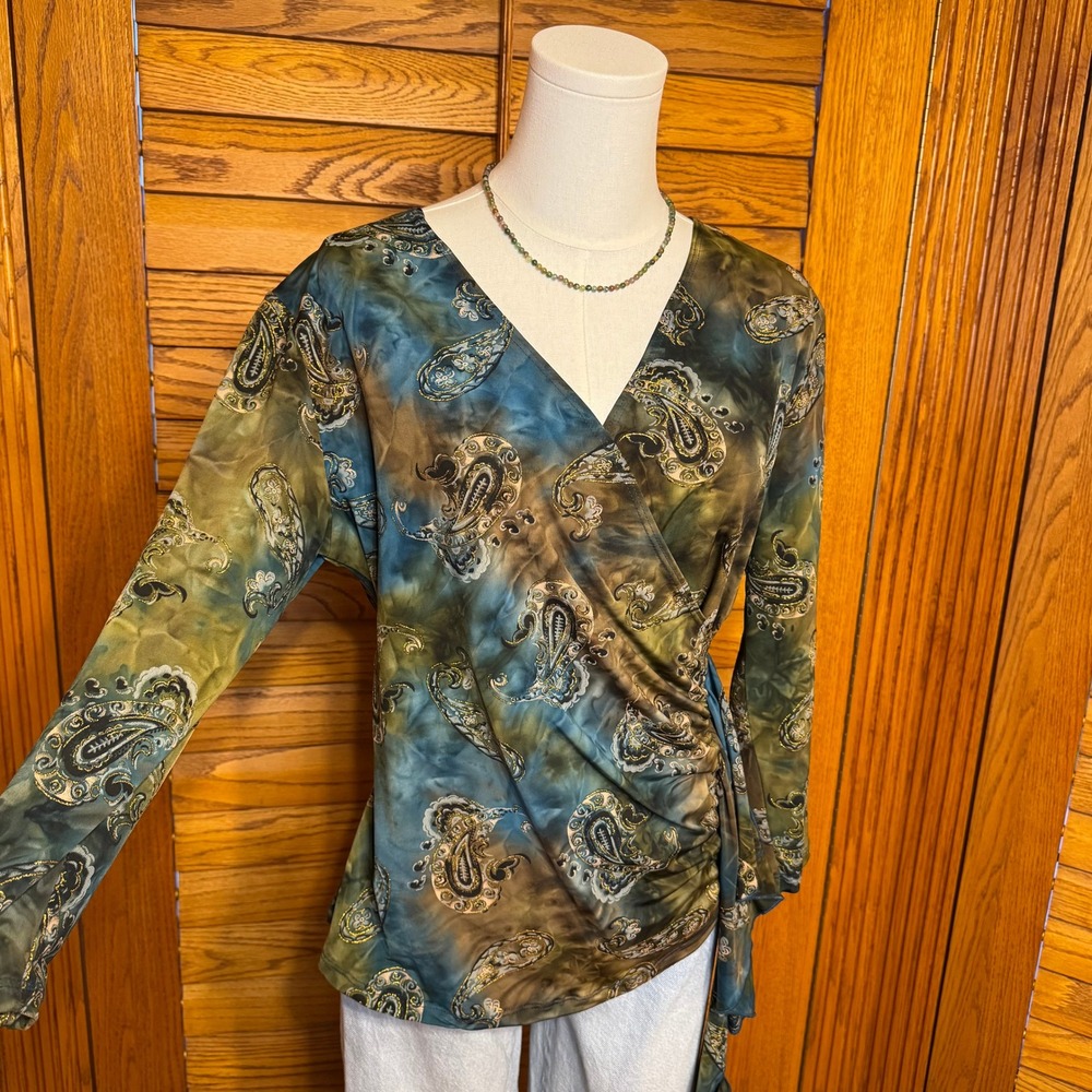 Dressbarn Women Large Paisley Metallic Faux Wrap Top Blue Brown Gold Glitter L